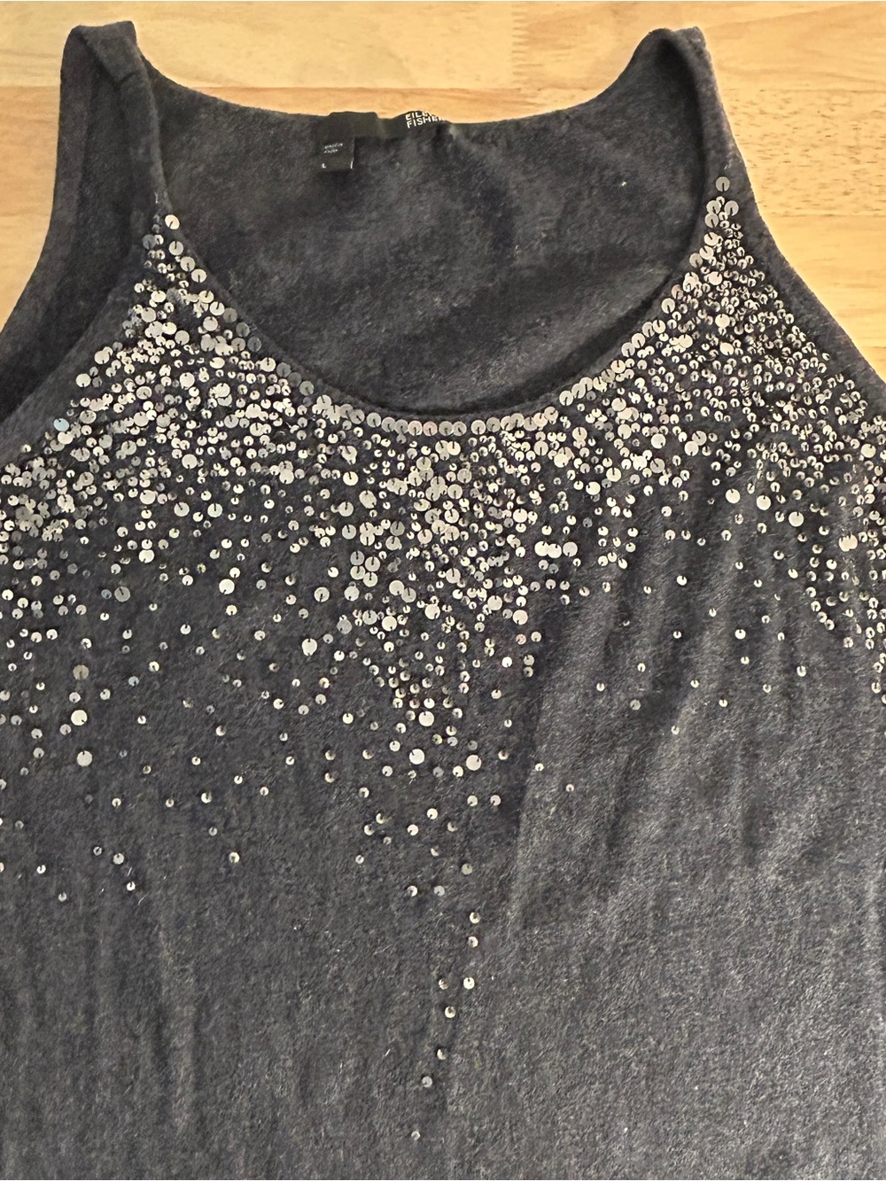 Eileen Fisher L large Sequin tank top Organic Cotton cashmere mix gray sweater - Picture 12 of 16